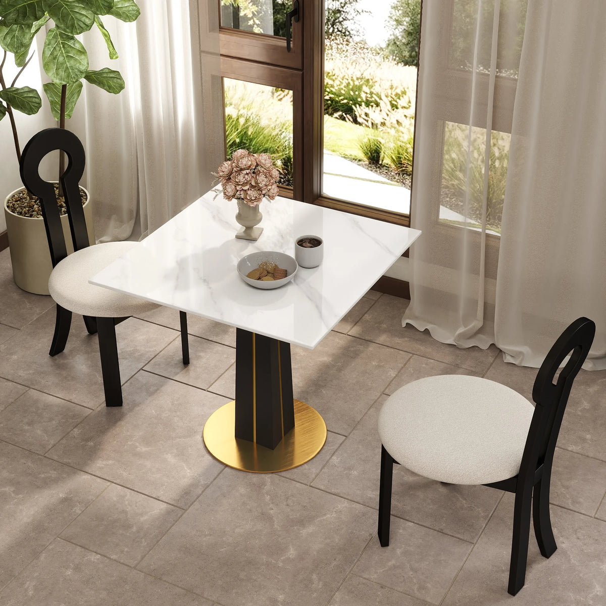 Mesa de bistró Nero de piedra sinterizada | Cuadrada blanca de 86 cm con base de madera
