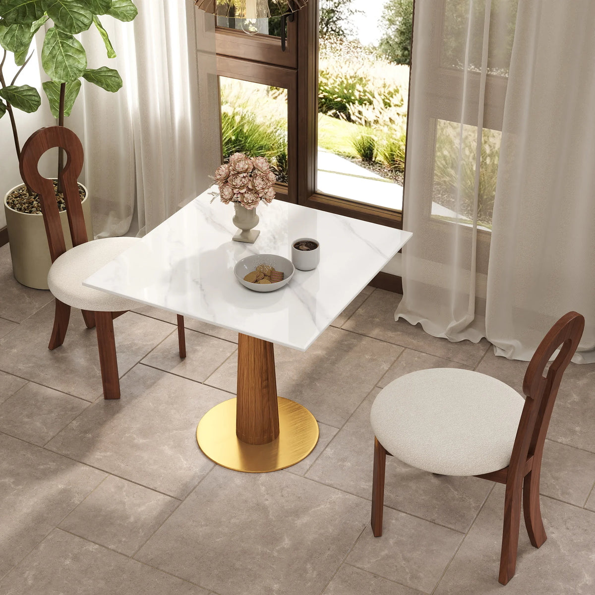Mesa de bistró Nero de piedra sinterizada | Cuadrada blanca de 86 cm con base de madera