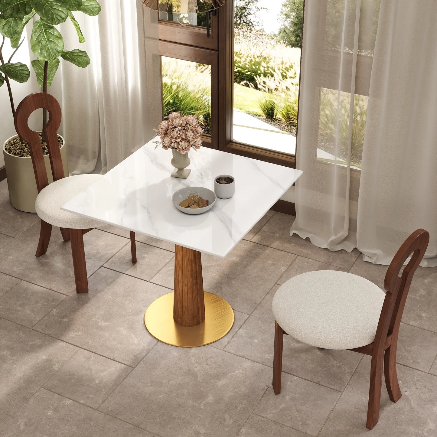 Nero Sintered Stone Bistro Table | 34" White Square With Wood Base