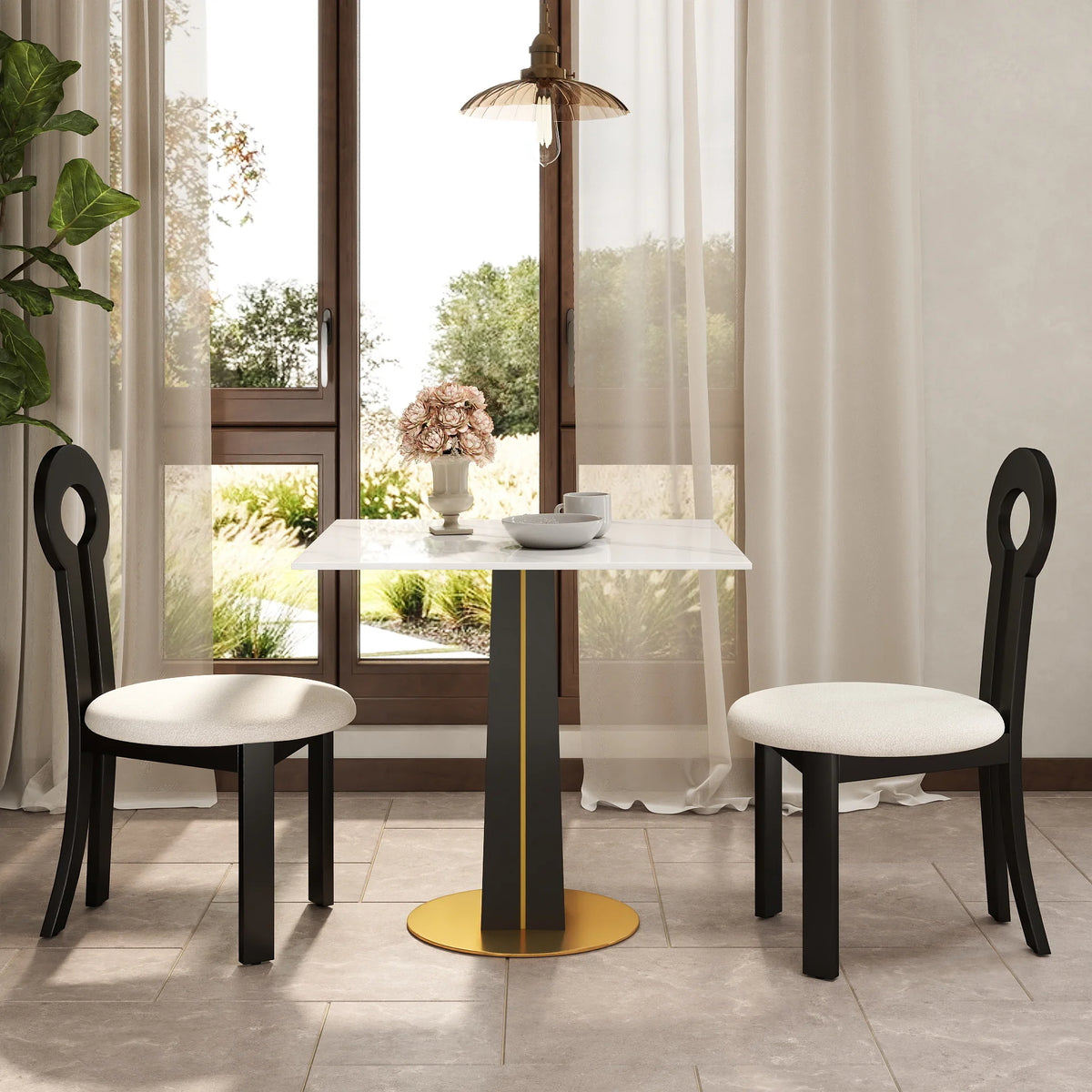 Mesa de bistró Nero de piedra sinterizada | Cuadrada blanca de 86 cm con base de madera