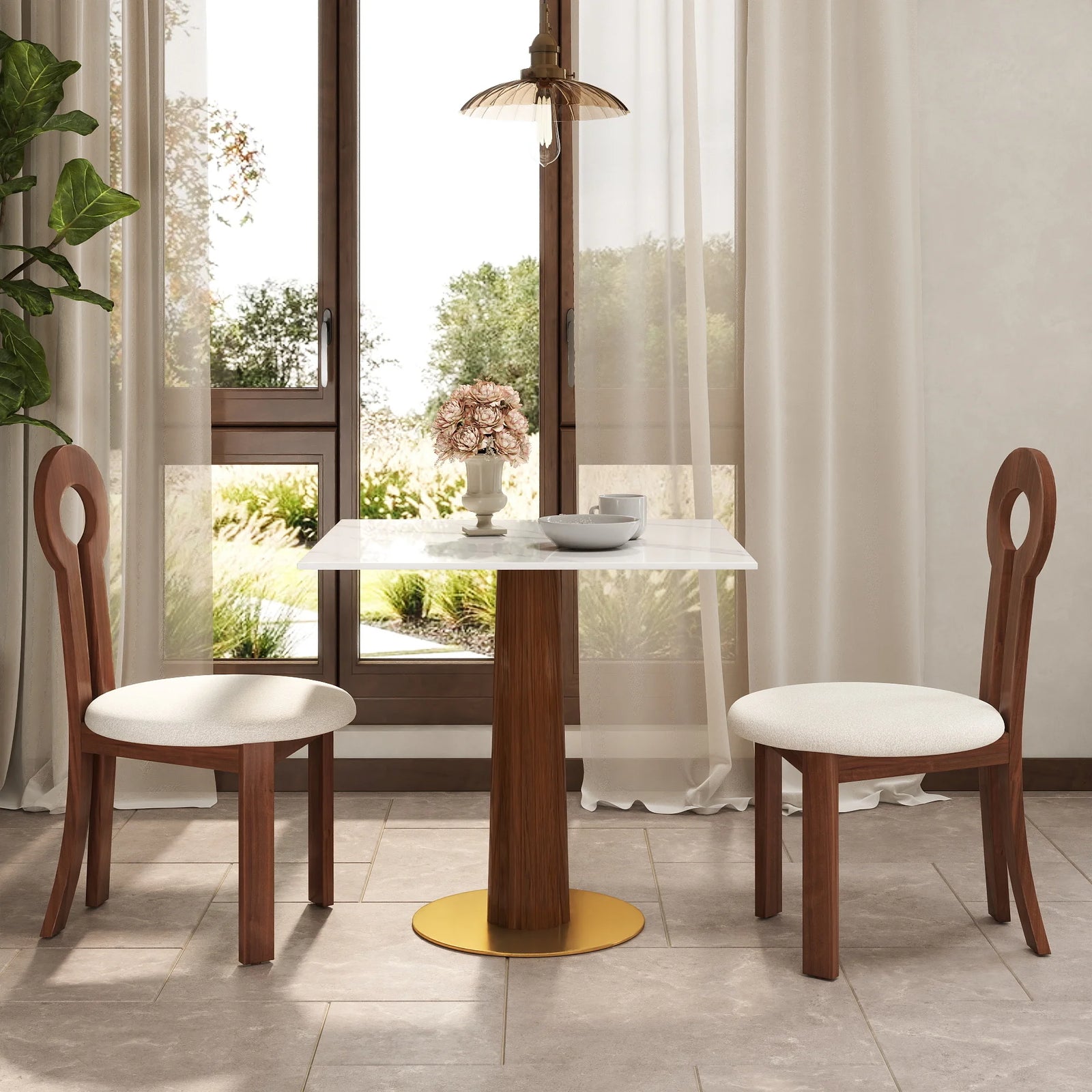 Mesa de bistró Nero de piedra sinterizada | Cuadrada blanca de 86 cm con base de madera