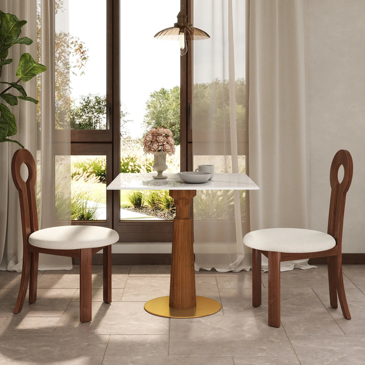 Mesa de bistró Nero de piedra sinterizada | Cuadrada blanca de 86 cm con base de madera