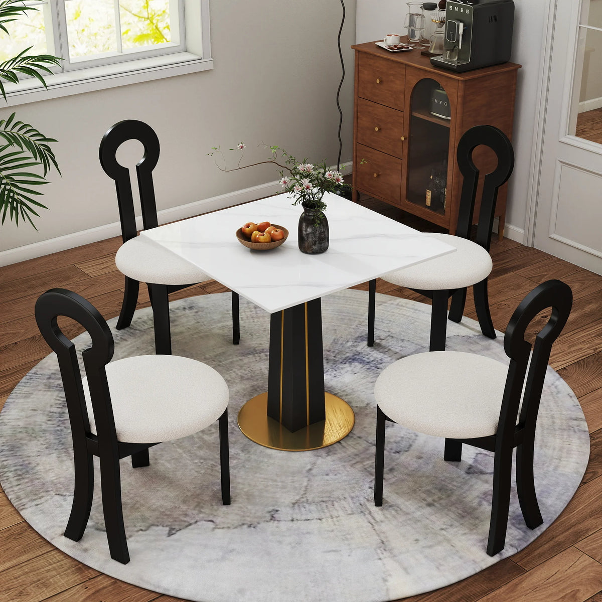 Mesa de bistró Nero de piedra sinterizada | Cuadrada blanca de 86 cm con base de madera