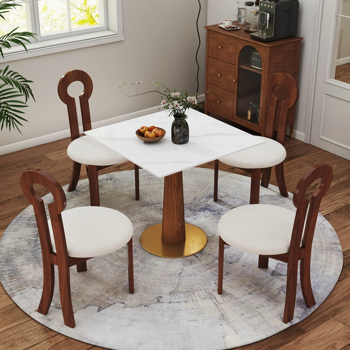 Mesa de bistró Nero de piedra sinterizada | Cuadrada blanca de 86 cm con base de madera