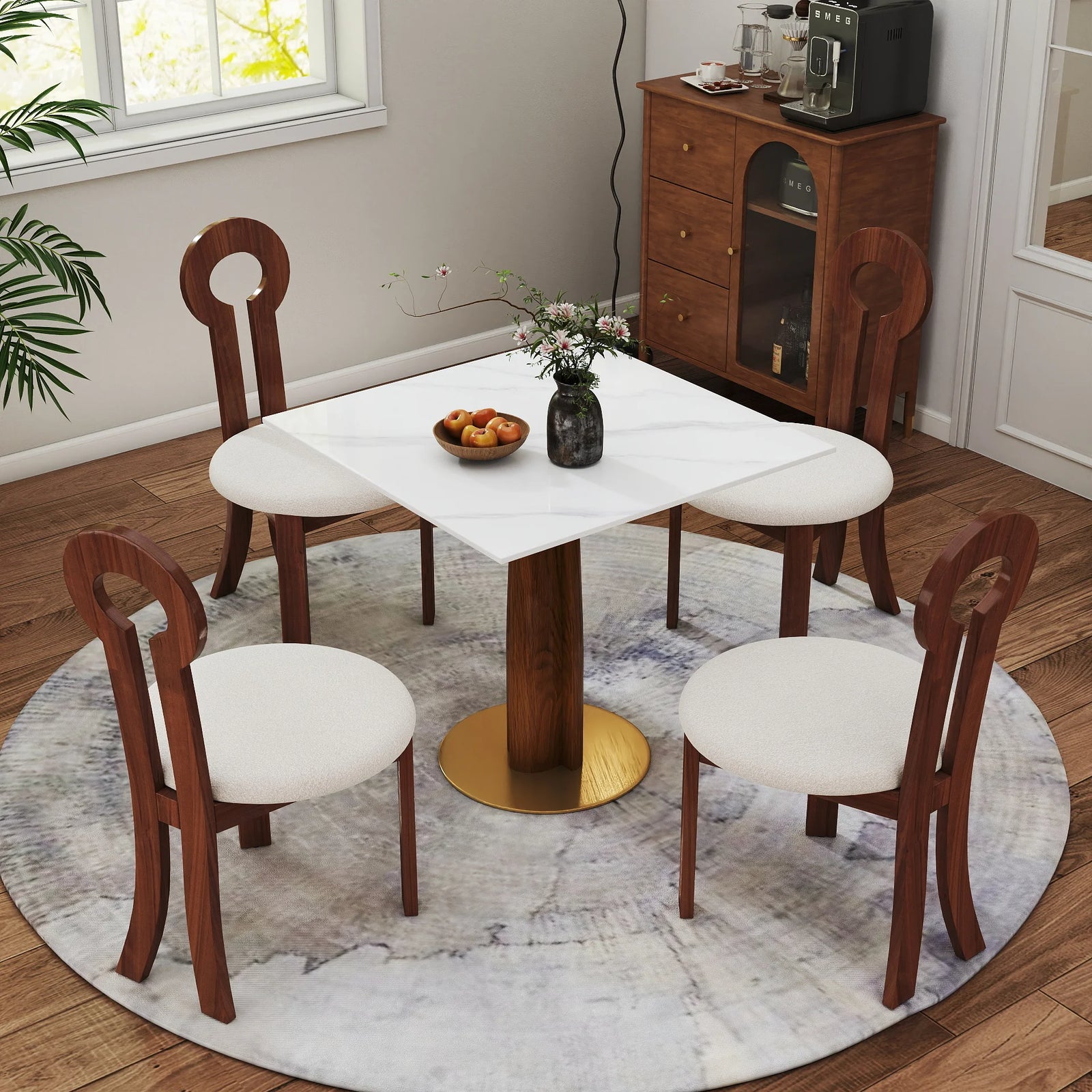 Mesa de bistró Nero de piedra sinterizada | Cuadrada blanca de 86 cm con base de madera