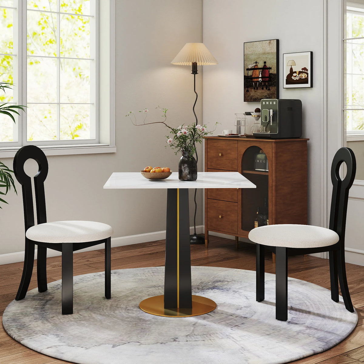 Mesa de bistró Nero de piedra sinterizada | Cuadrada blanca de 86 cm con base de madera