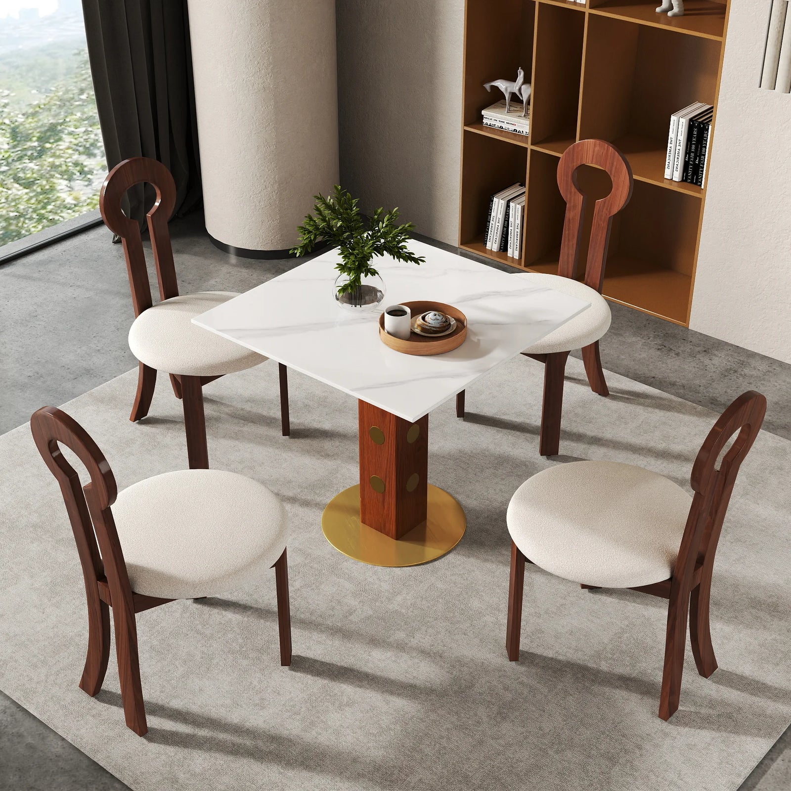 Mesa de bistró Nero de piedra sinterizada | Cuadrada blanca de 86 cm con base de madera