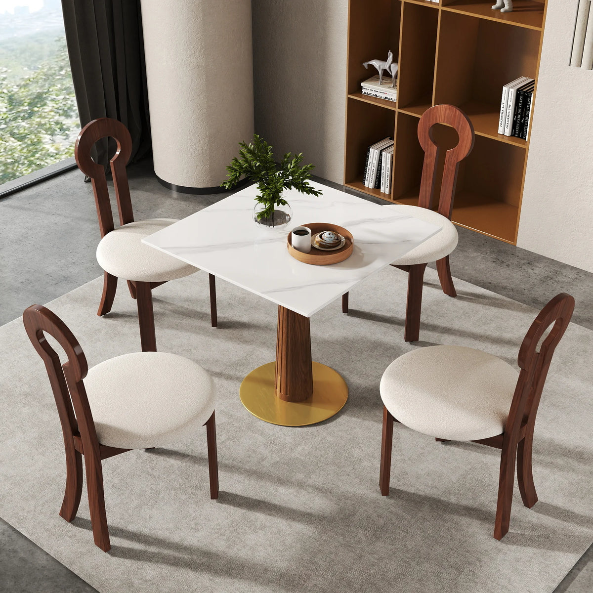 Mesa de bistró Nero de piedra sinterizada | Cuadrada blanca de 86 cm con base de madera