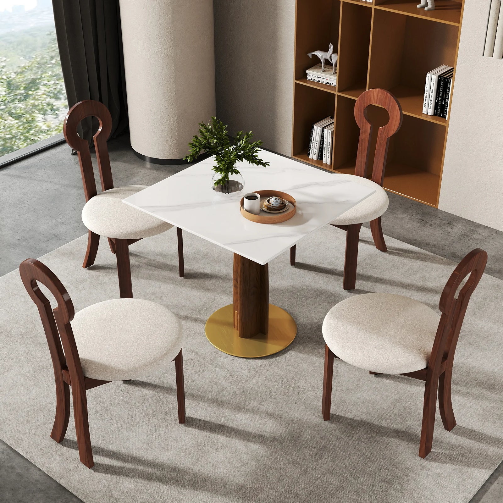 Mesa de bistró Nero de piedra sinterizada | Cuadrada blanca de 86 cm con base de madera