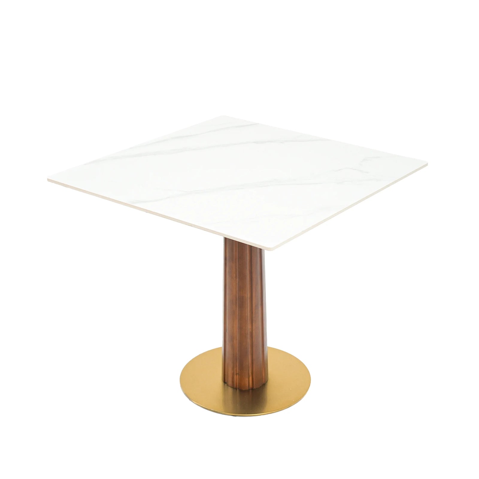 Mesa de bistró Nero de piedra sinterizada | Cuadrada blanca de 86 cm con base de madera