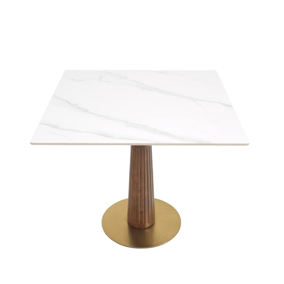 Mesa de bistró Nero de piedra sinterizada | Cuadrada blanca de 86 cm con base de madera