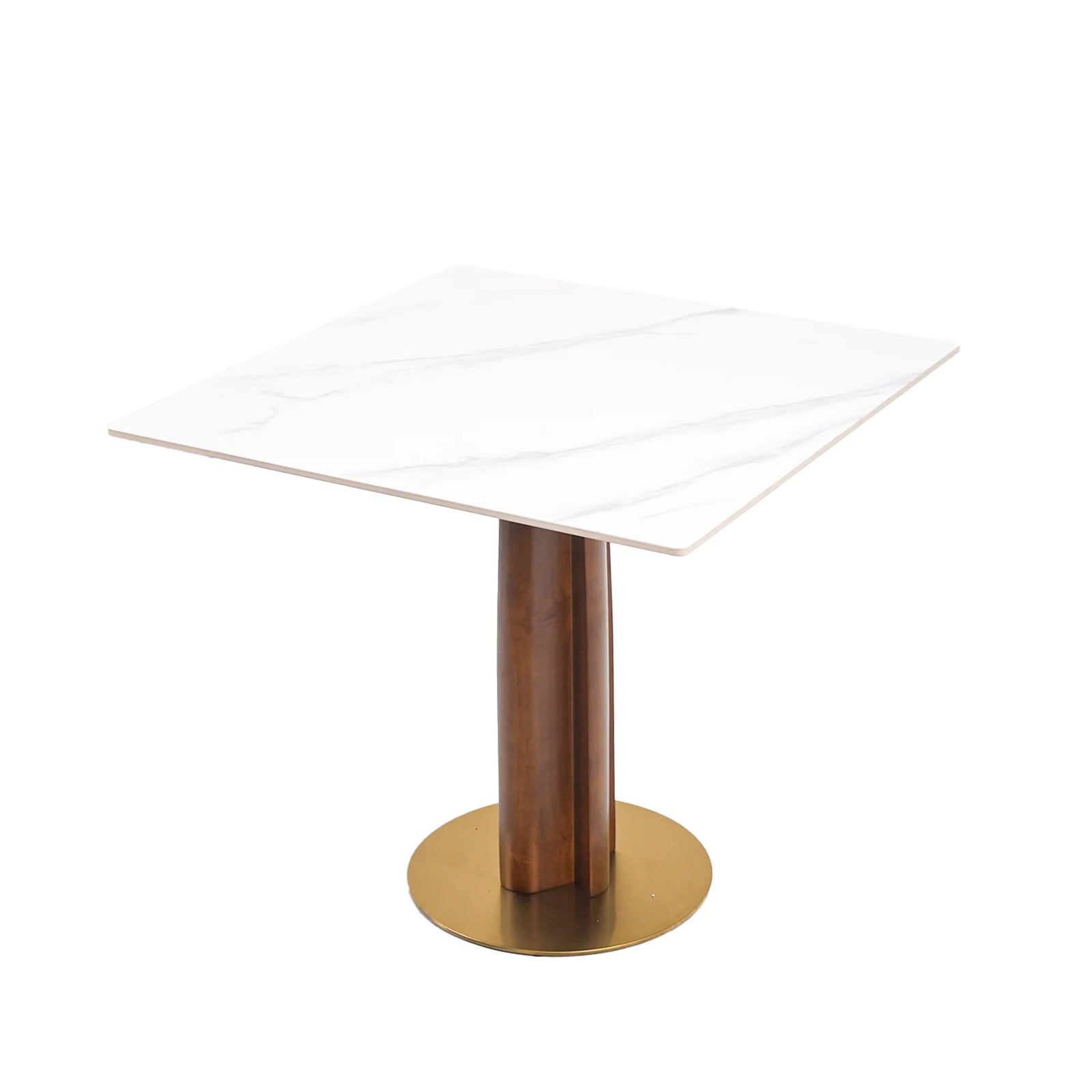 Mesa de bistró Nero de piedra sinterizada | Cuadrada blanca de 86 cm con base de madera