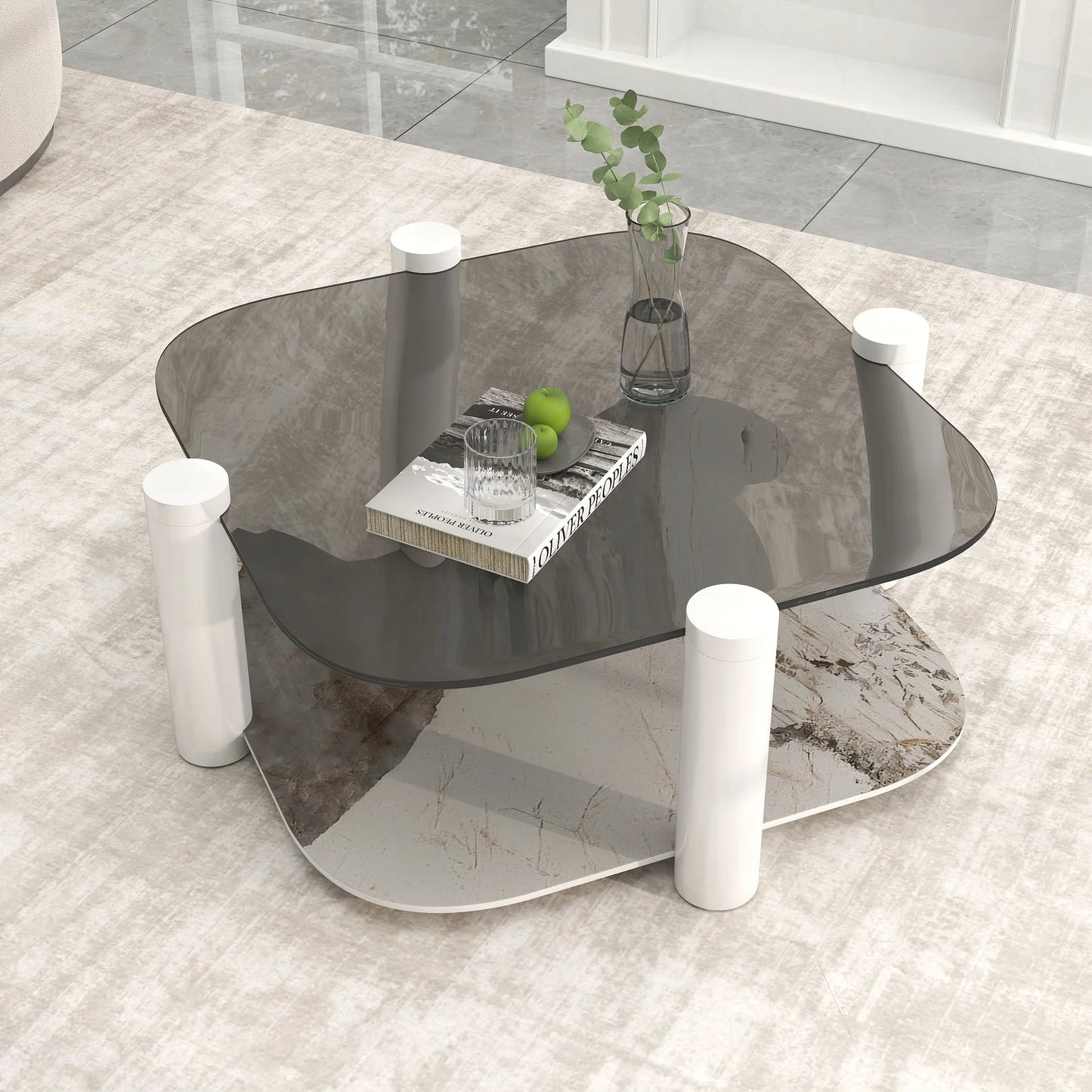 Zenith Glass Coffee Table | 36" Ivory Square With Storage Shelf