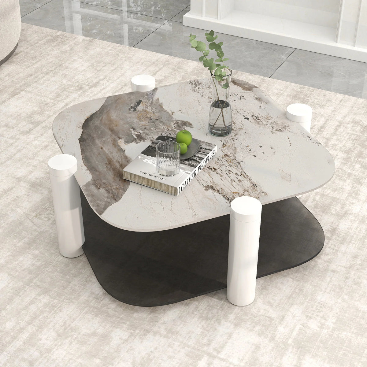 Zenith Glass Coffee Table | 36" Ivory Square With Storage Shelf