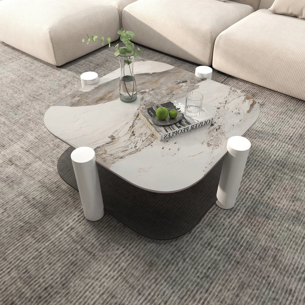 Zenith Glass Coffee Table | 36" Ivory Square With Storage Shelf