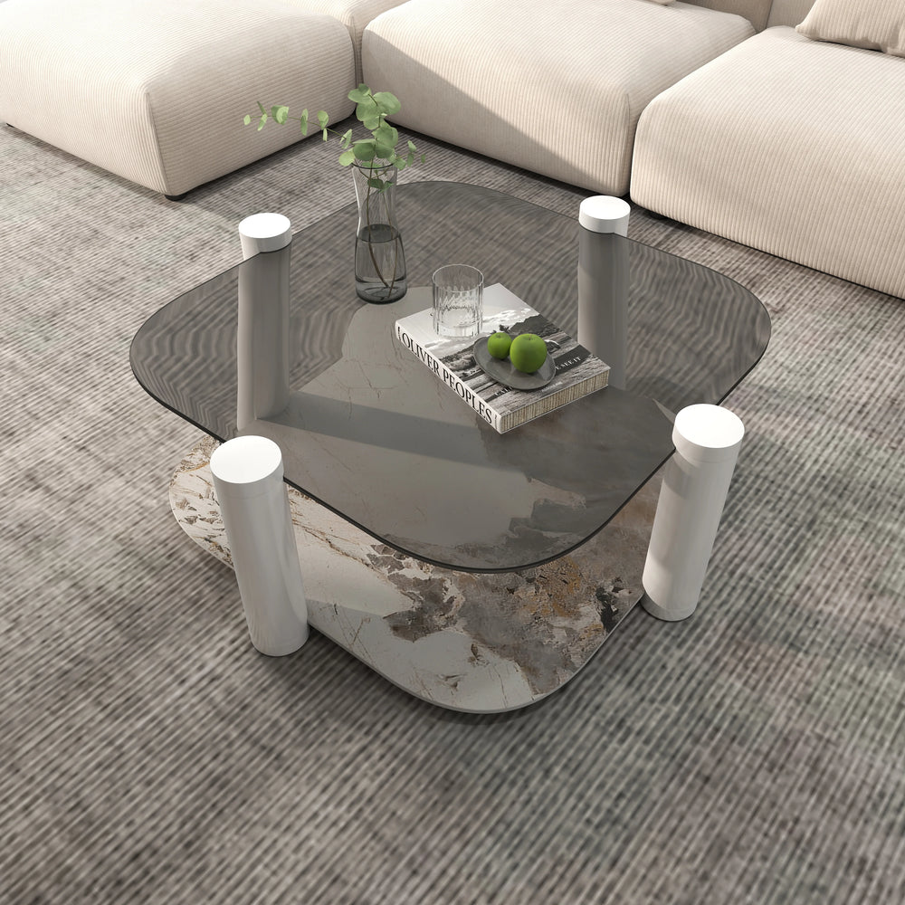 Zenith Glass Coffee Table | 36" Ivory Square With Storage Shelf