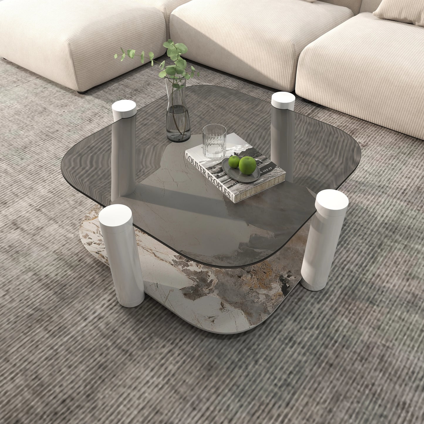 Zenith Glass Coffee Table | 36" Ivory Square With Storage Shelf