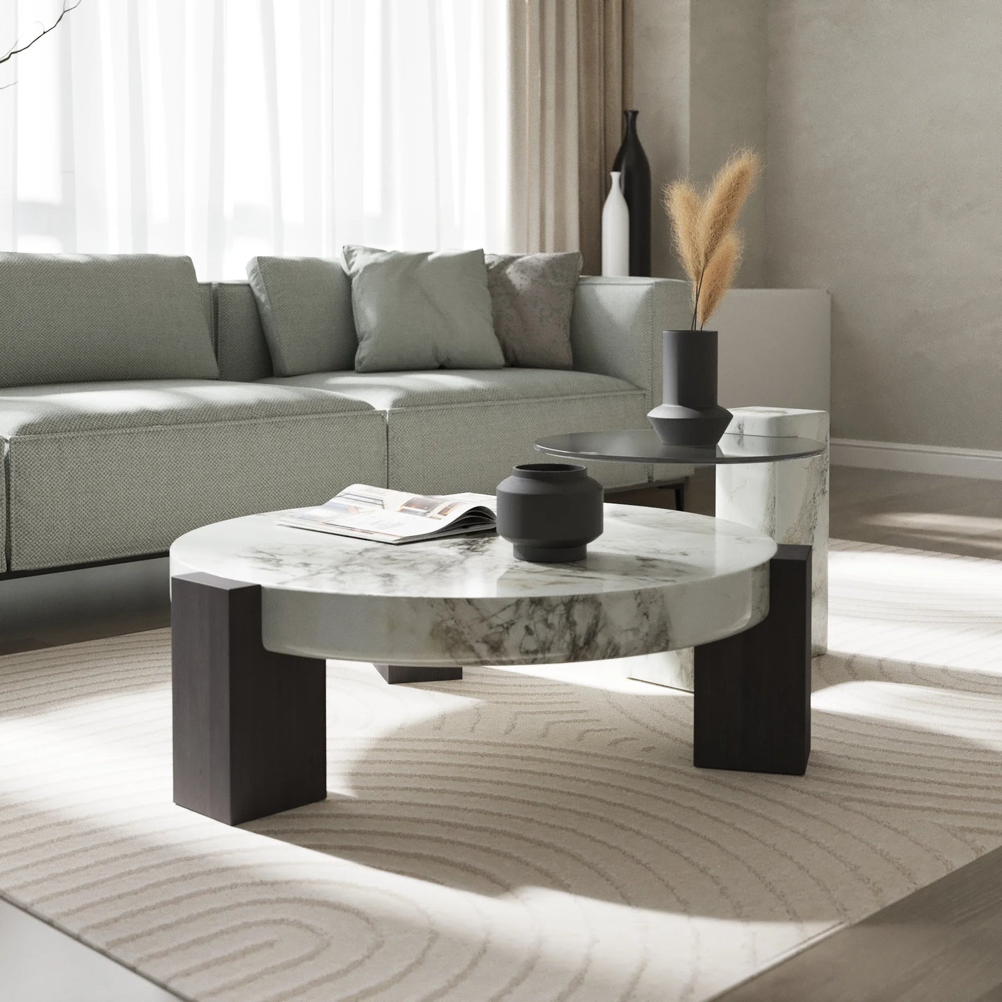 Aura Wood Coffee Table | 36" Monochrome Round With Nesting
