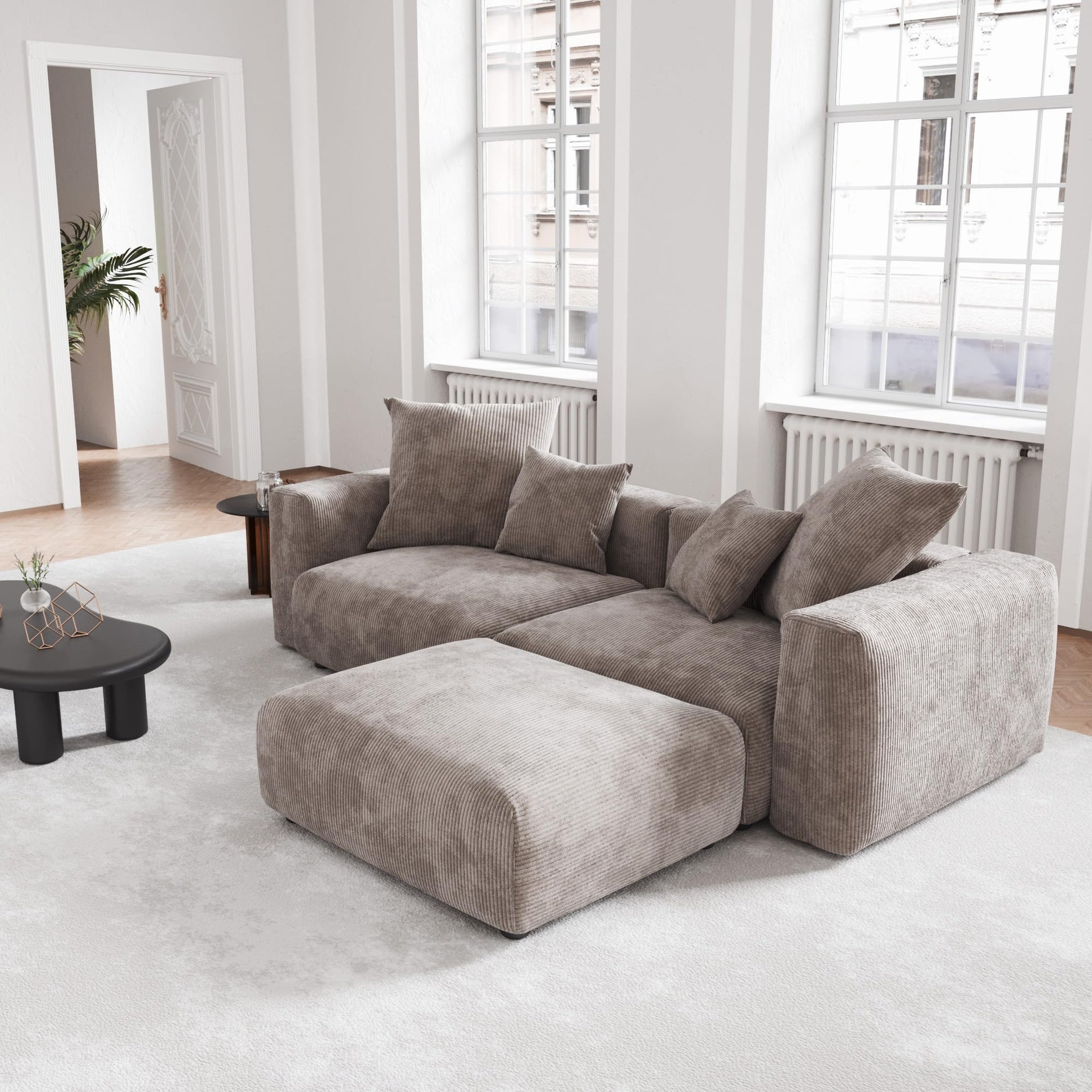 Modular Sectional Couch Sofa with 4 Pillows, 102" L Shaped Sofa Couch with Chaise Ottomans,Corduroy Fabric Couches (Beige)