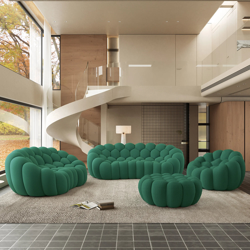 Sofás Essential Arc Boneless | Conjunto de 4 sofás verdes de 6 plazas con tejido de punto 3D y 1 otomana