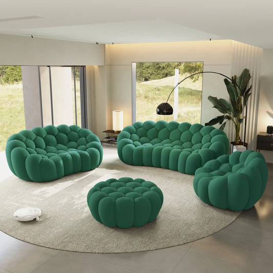 Sofás Essential Arc Boneless | Conjunto de 4 sofás verdes de 6 plazas con tejido de punto 3D y 1 otomana