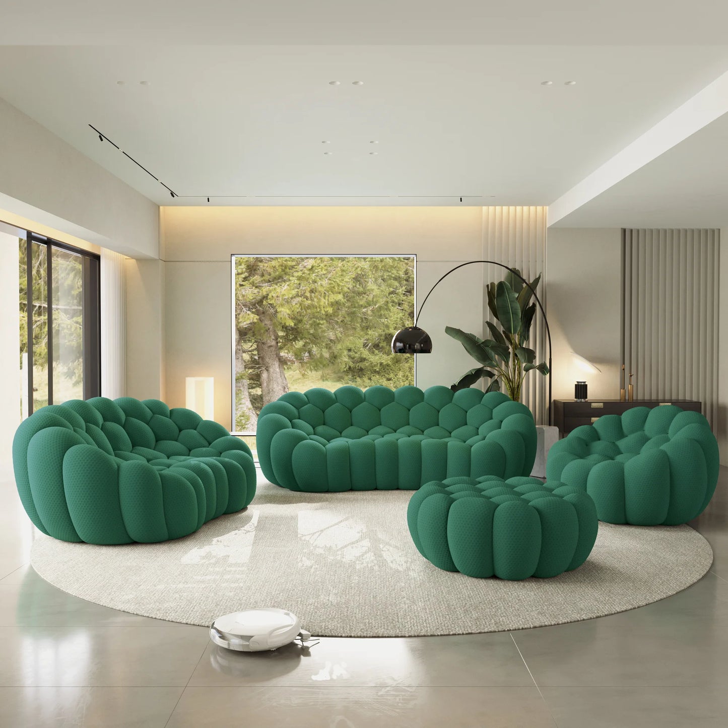 Sofás Essential Arc Boneless | Conjunto de 4 sofás verdes de 6 plazas con tejido de punto 3D y 1 otomana