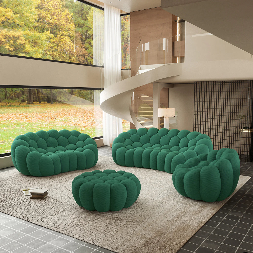 Sofás Essential Arc Boneless | Conjunto de 4 sofás verdes de 6 plazas con tejido de punto 3D y 1 otomana