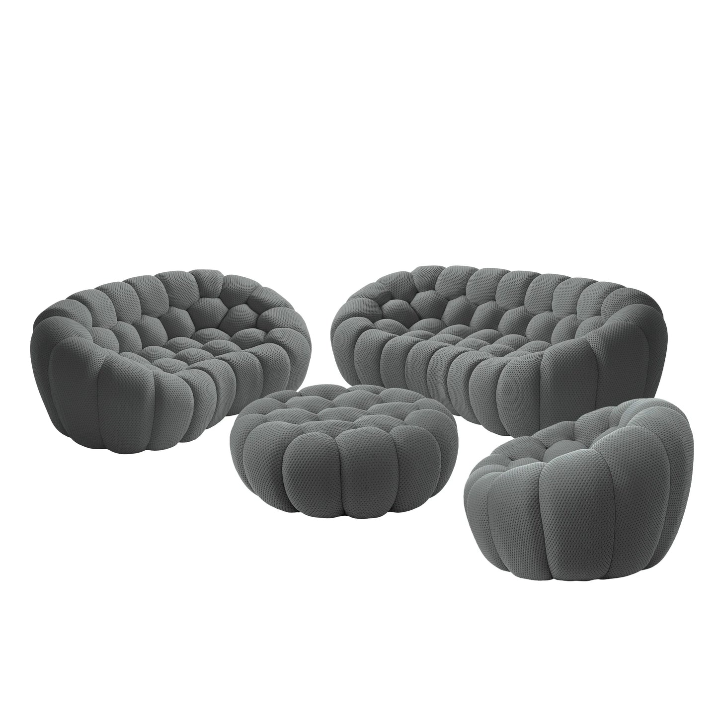 Sofás Essential Arc Boneless | Conjunto de 4 sofás grises de tejido de punto 3D de 6 plazas con 1 otomana