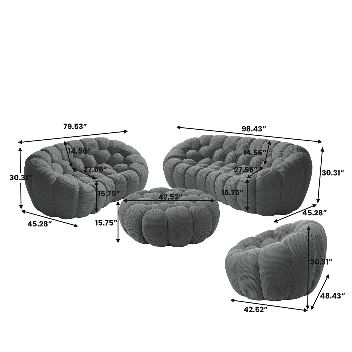 Sofás esenciales de tela tejida 3D gris para 6 personas | 4 piezas (incluye 1 otomana), tela tejida 3D, diseño espacioso