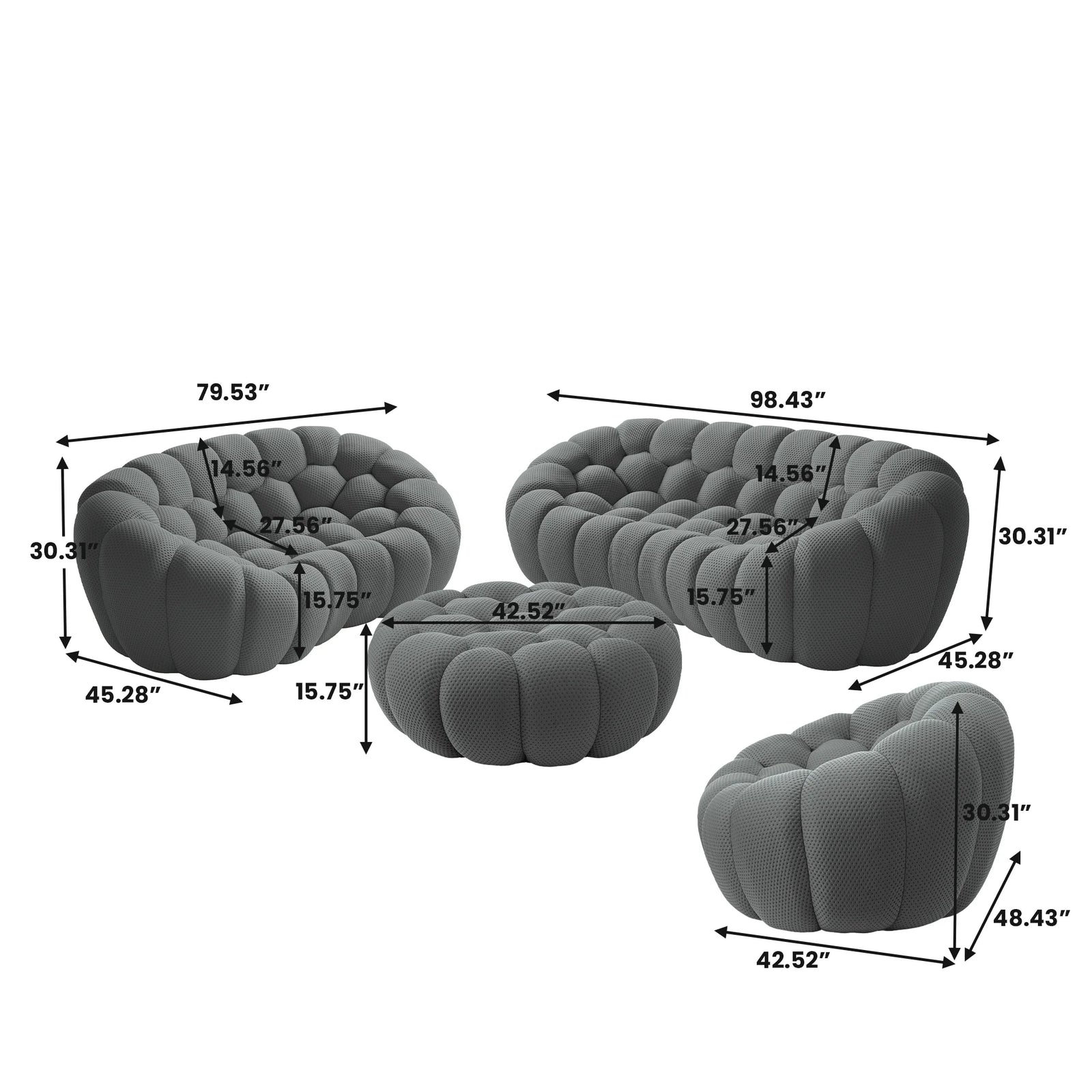 Sofás esenciales de tela tejida 3D gris para 6 personas | 4 piezas (incluye 1 otomana), tela tejida 3D, diseño espacioso