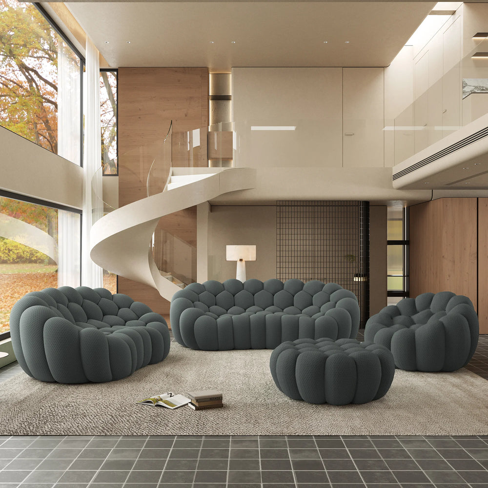 Sofás Essential Arc Boneless | Conjunto de 4 sofás grises de tejido de punto 3D de 6 plazas con 1 otomana