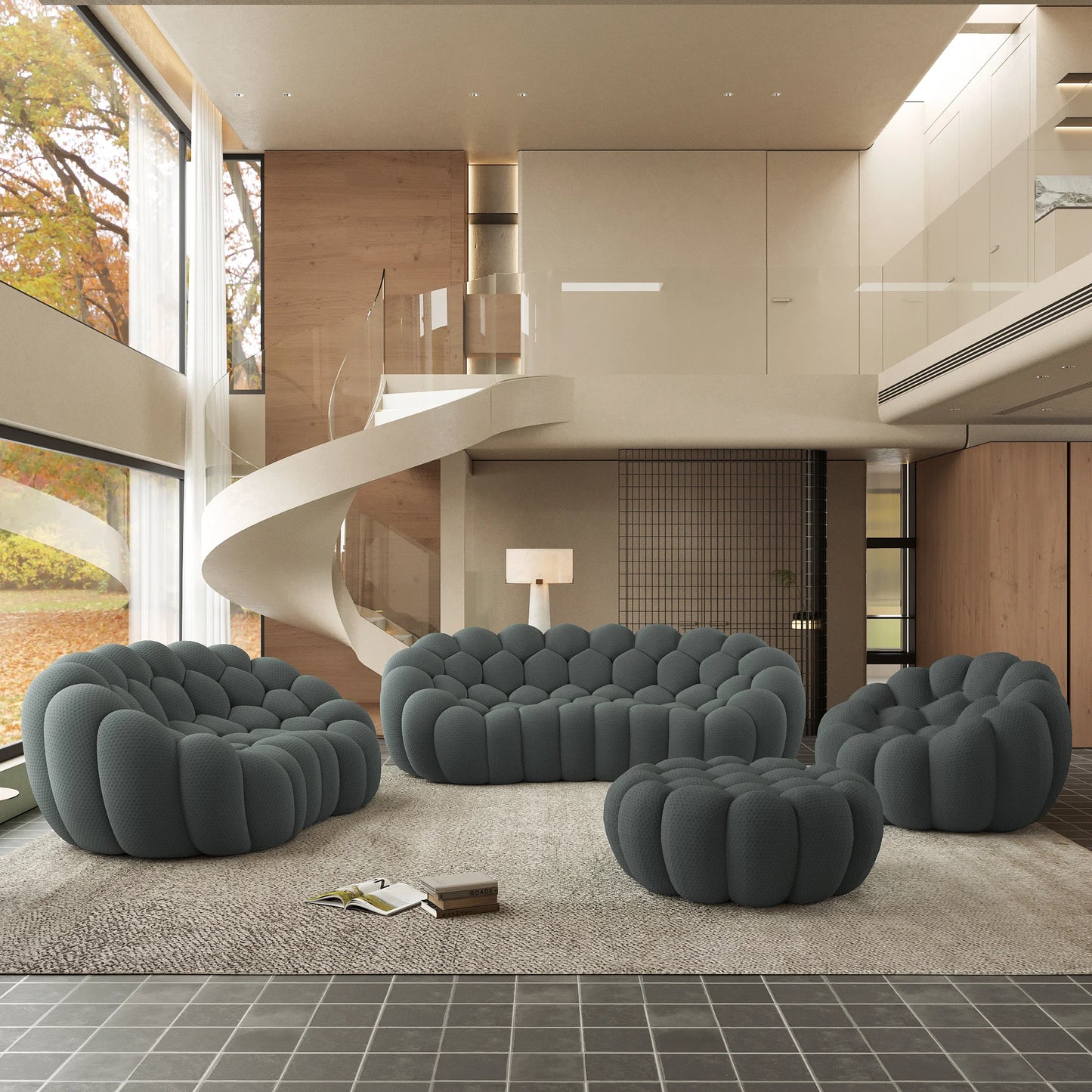 Sofás Essential Arc Boneless | Conjunto de 4 sofás grises de tejido de punto 3D de 6 plazas con 1 otomana