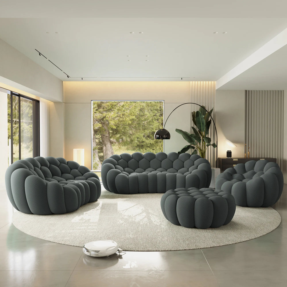 Sofás Essential Arc Boneless | Conjunto de 4 sofás grises de tejido de punto 3D de 6 plazas con 1 otomana