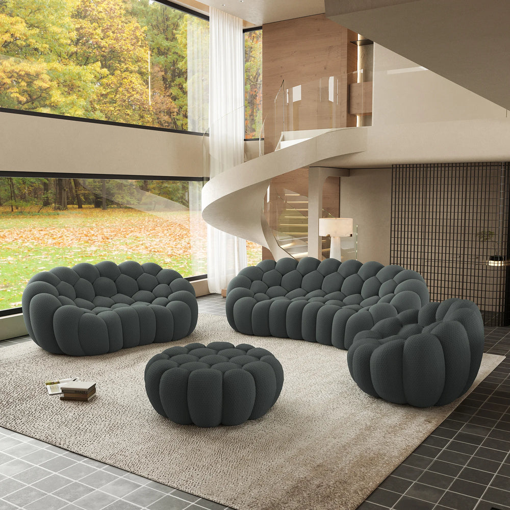 Sofás Essential Arc Boneless | Conjunto de 4 sofás grises de tejido de punto 3D de 6 plazas con 1 otomana