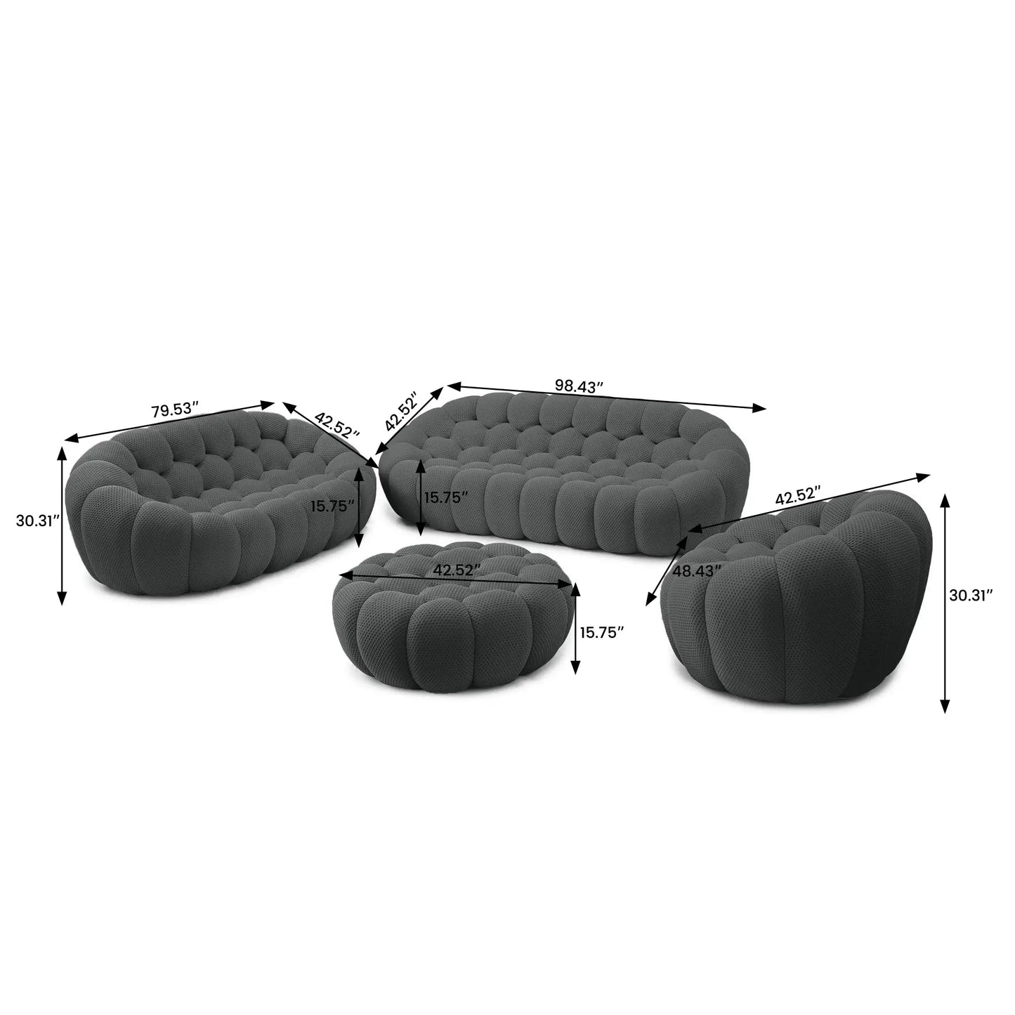 Essential Armless Floor Sofas | 4-Piece 3D Knitted Fabric Grey Sofa Sets 6-Seater With 1 Ottoman