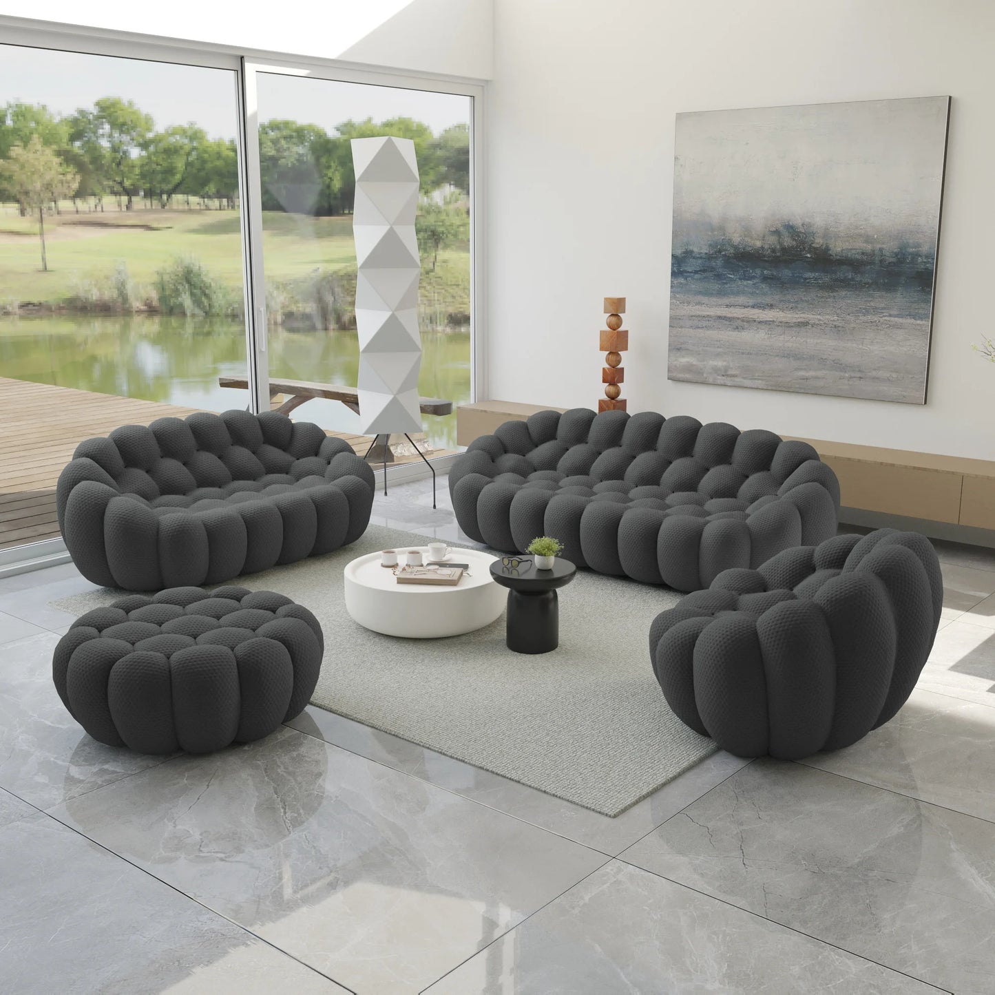 Essential Armless Floor Sofas | 4-Piece 3D Knitted Fabric Grey Sofa Sets 6-Seater With 1 Ottoman