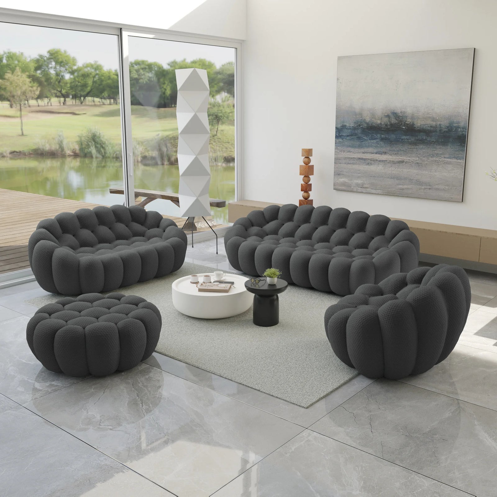 Essential 6-Seater grey 3D-Knitted Fabric Sofa Sets | 4-Piece (includes 1 Ottoman), 3D-Knitted Fabric, Spacious Design