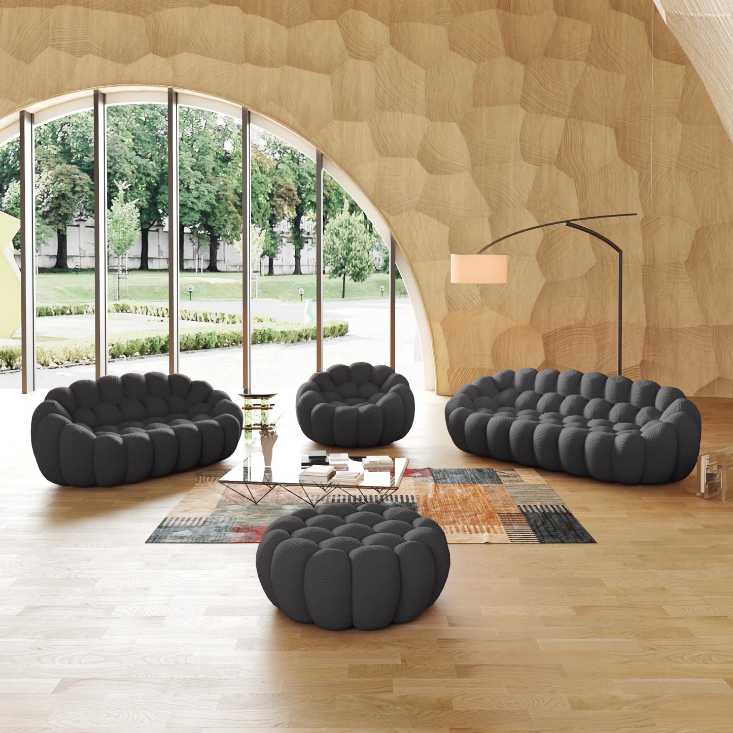 Essential Armless Floor Sofas | 4-Piece 3D Knitted Fabric Grey Sofa Sets 6-Seater With 1 Ottoman