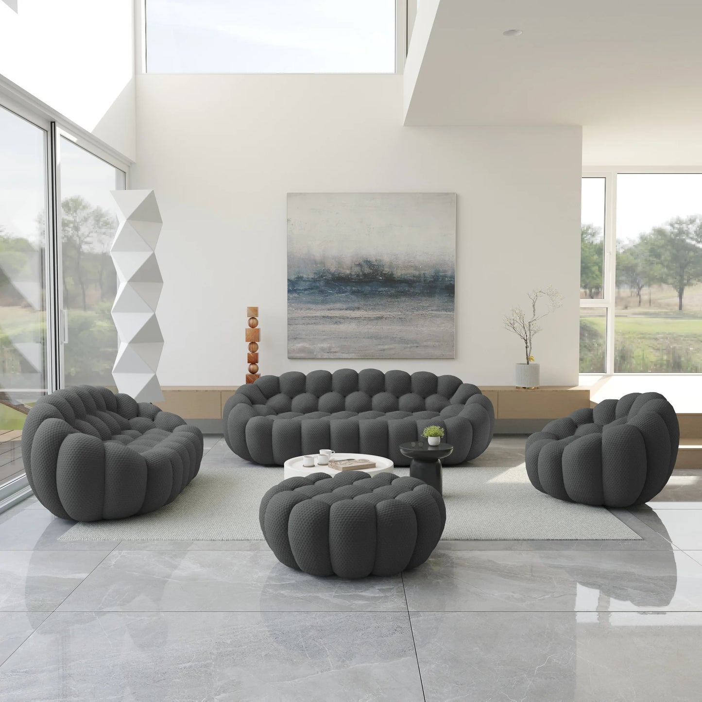 Essential Armless Floor Sofas | 4-Piece 3D Knitted Fabric Grey Sofa Sets 6-Seater With 1 Ottoman