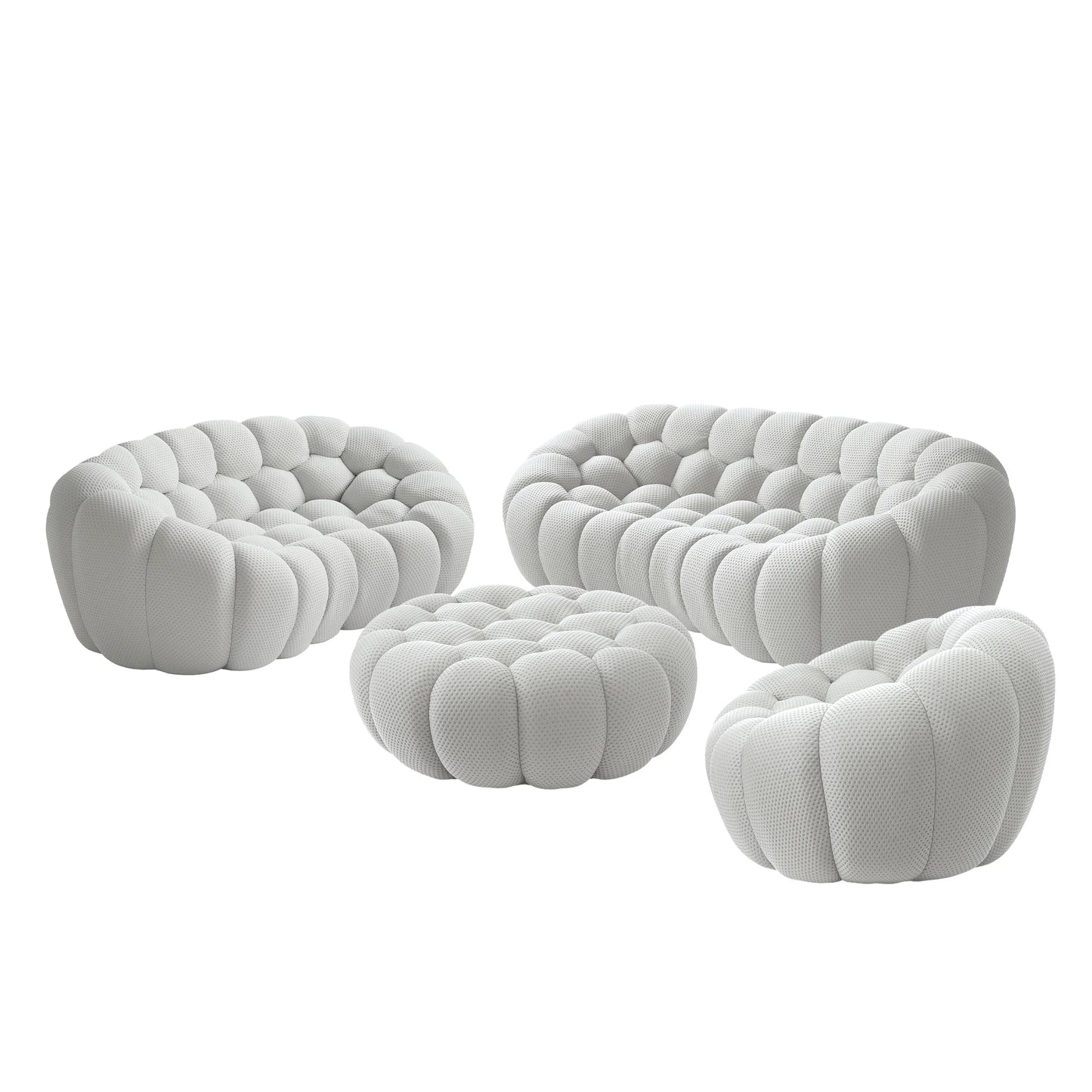 Sofás Essential Arc Boneless | Conjunto de 4 sofás de tejido de punto 3D gris claro de 6 plazas con 1 otomana