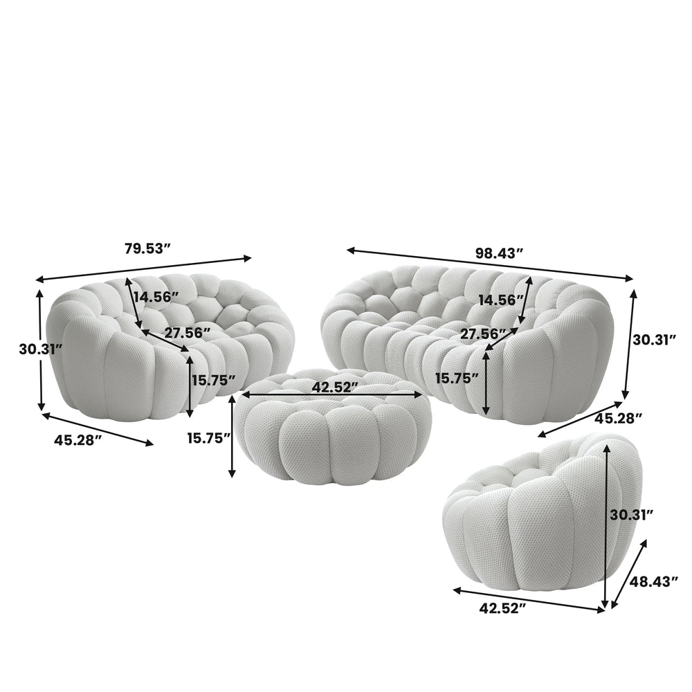 Sofás Essential Arc Boneless | Conjunto de 4 sofás de tejido de punto 3D gris claro de 6 plazas con 1 otomana