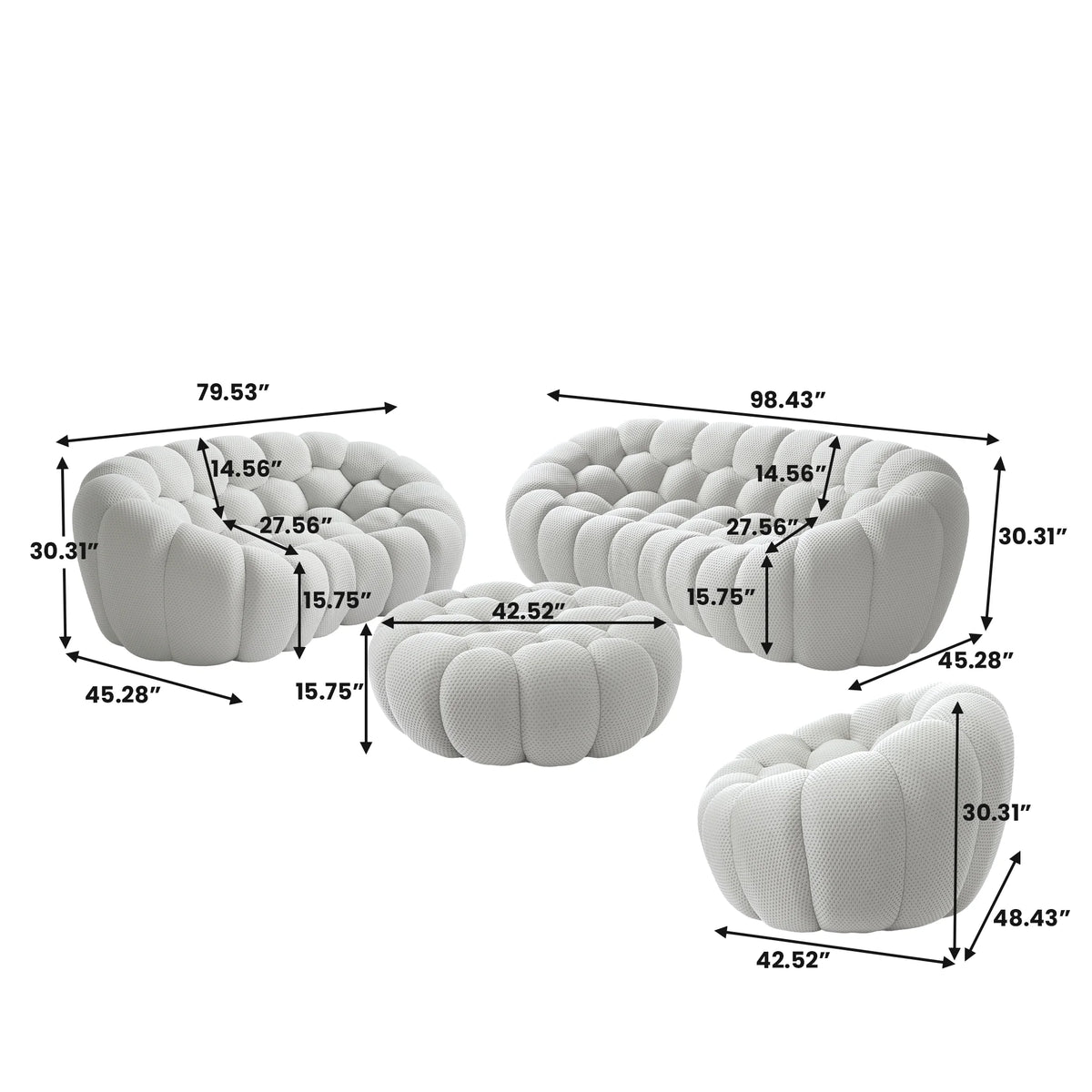 Essential 6-Seater light-grey 3D-Knitted Fabric Sofa Sets | 4-Piece (includes 1 Ottoman), 3D-Knitted Fabric, Spacious Design