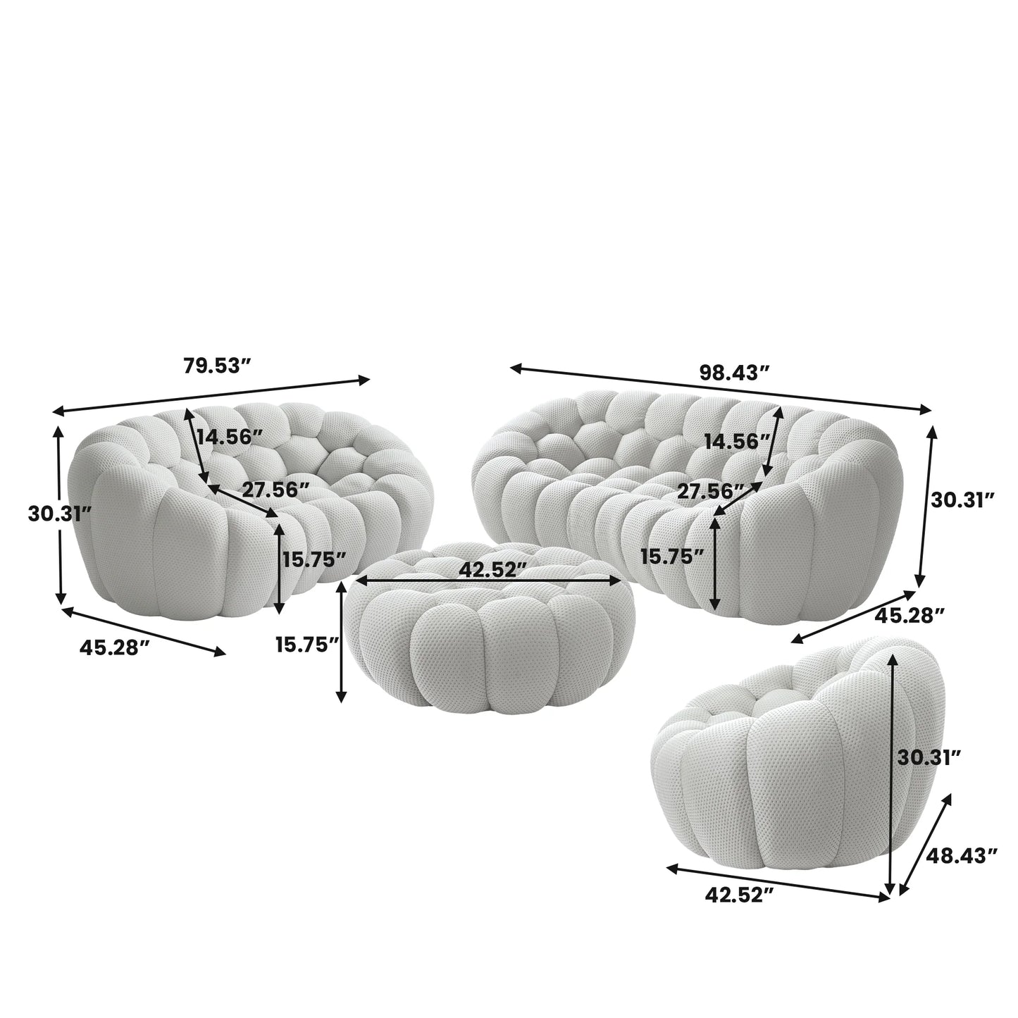 Sofás Essential Arc Boneless | Conjunto de 4 sofás de tejido de punto 3D gris claro de 6 plazas con 1 otomana
