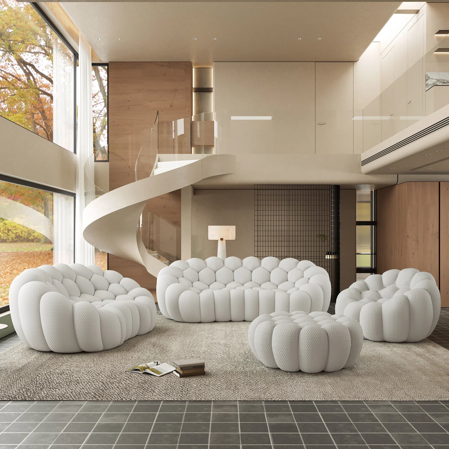 Sofás Essential Arc Boneless | Conjunto de 4 sofás de tejido de punto 3D gris claro de 6 plazas con 1 otomana