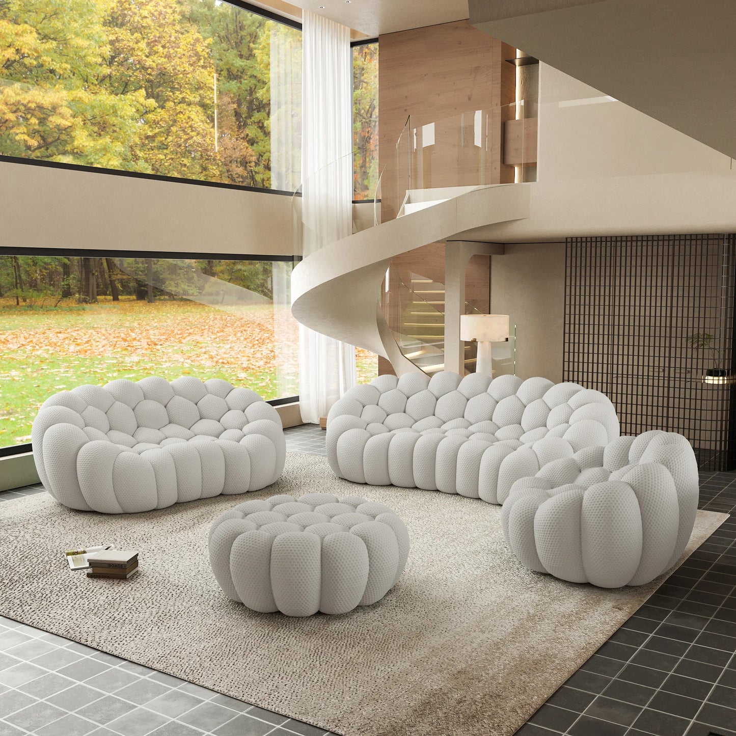 Sofás Essential Arc Boneless | Conjunto de 4 sofás de tejido de punto 3D gris claro de 6 plazas con 1 otomana