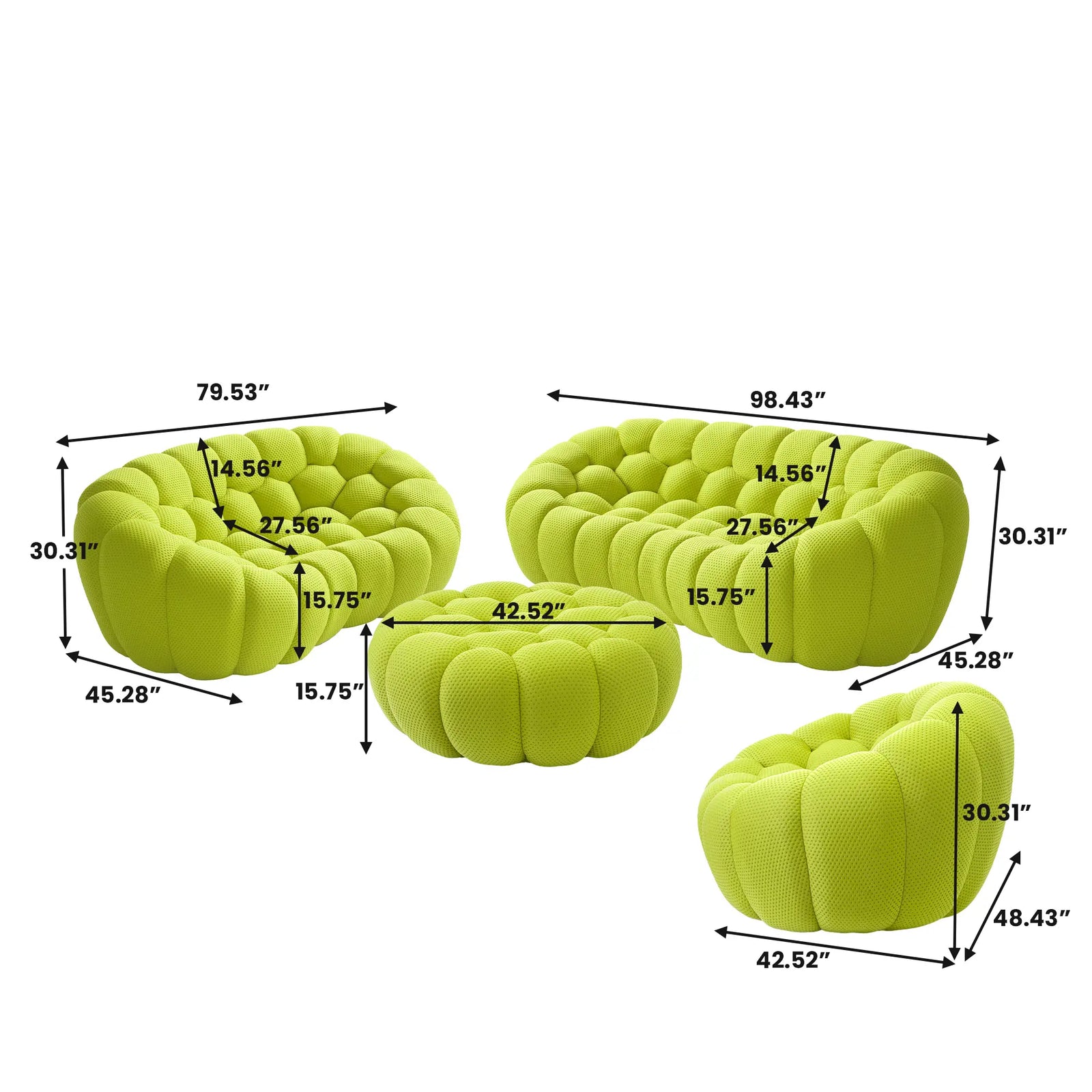 Juegos de sofá de tela tejida 3D de color verde lima esencial de 6 plazas | 4 piezas (incluye 1 otomana), tela tejida 3D, diseño espacioso