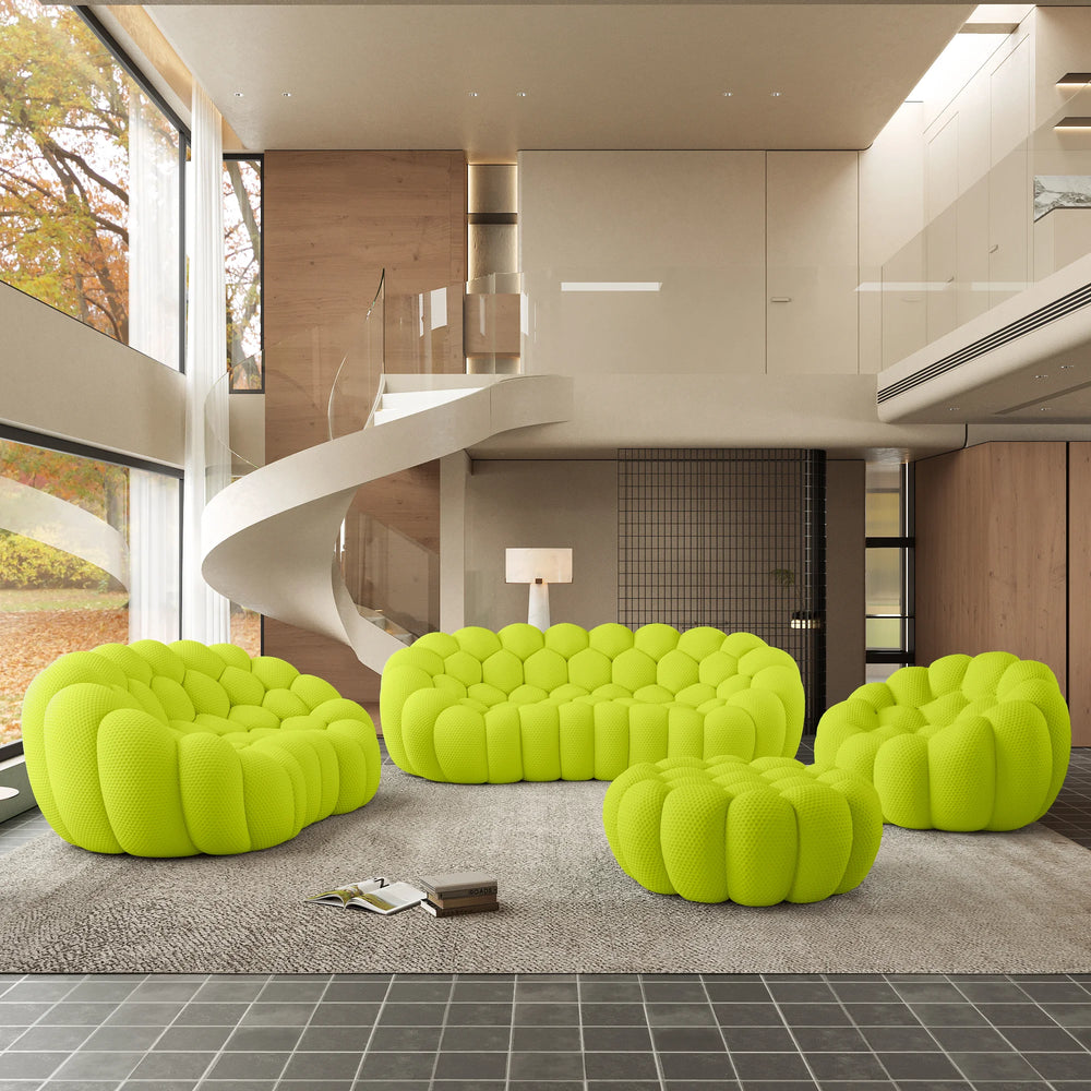 Sofás Essential Arc Boneless | Conjunto de sofás de 4 piezas de tejido de punto 3D verde lima de 6 plazas con 1 otomana