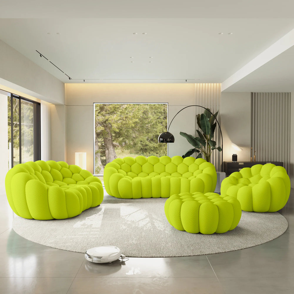 Sofás Essential Arc Boneless | Conjunto de sofás de 4 piezas de tejido de punto 3D verde lima de 6 plazas con 1 otomana
