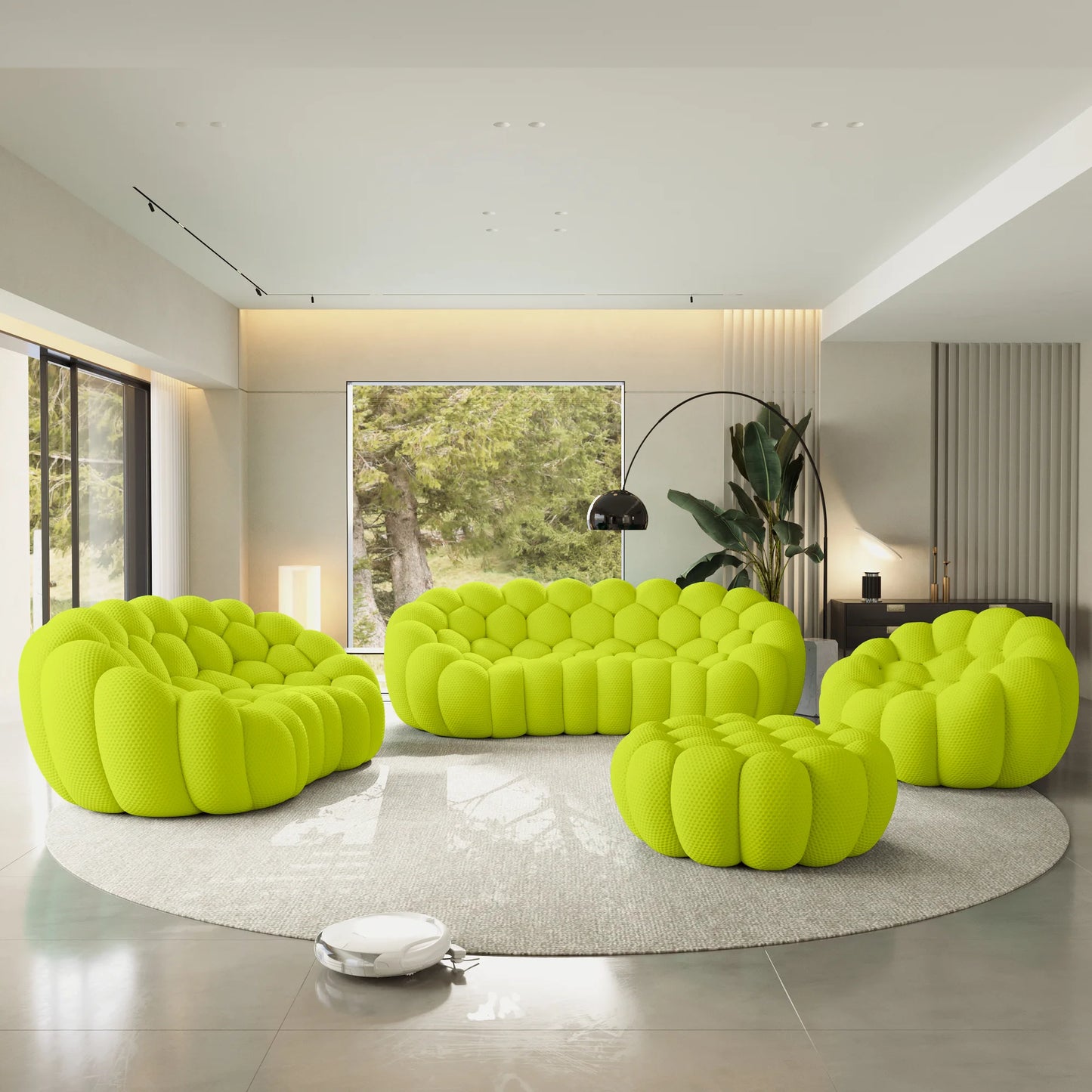 Sofás Essential Arc Boneless | Conjunto de sofás de 4 piezas de tejido de punto 3D verde lima de 6 plazas con 1 otomana