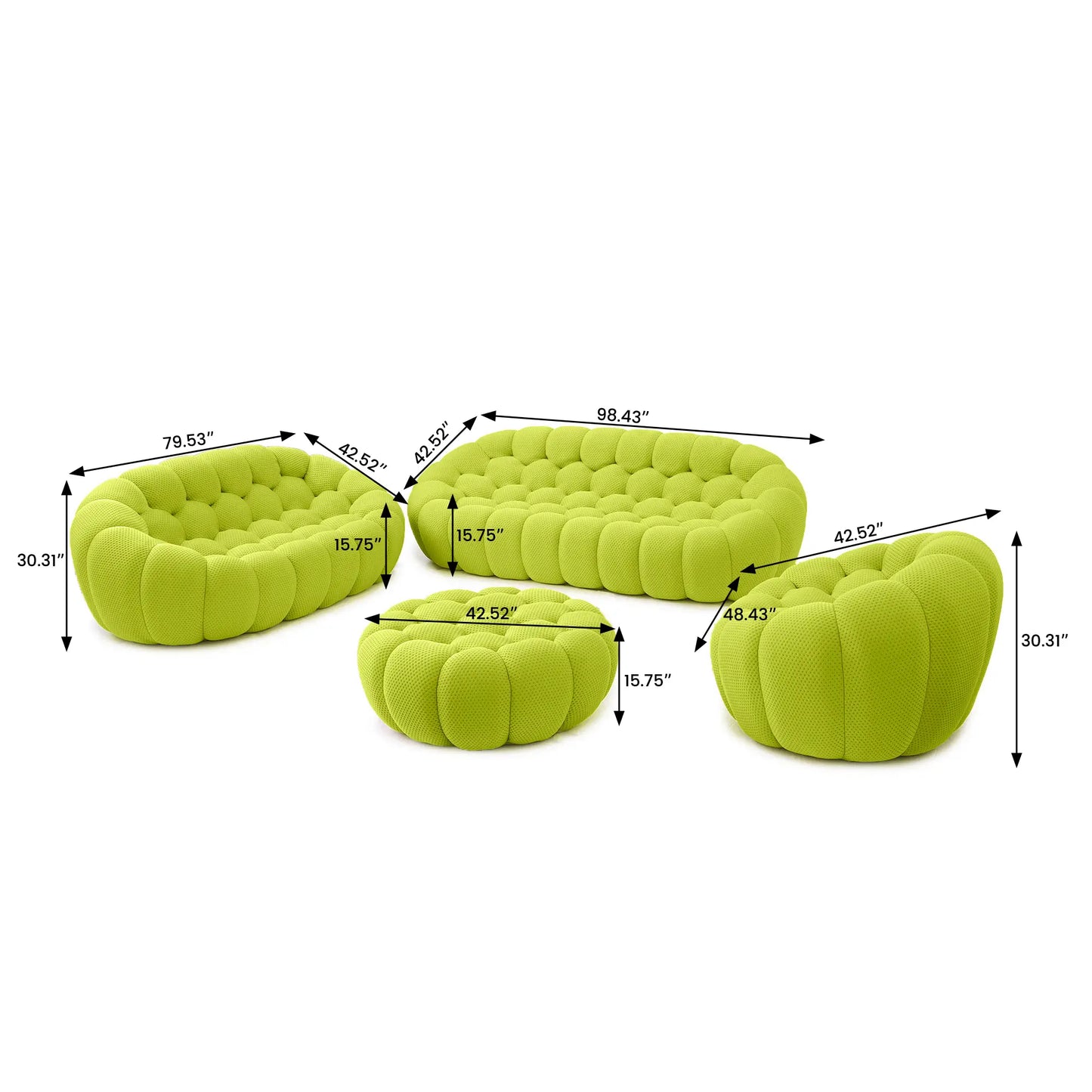 Essential Armless Floor Sofas | 4-Piece 3D Knitted Fabric Lime Green Sofa Sets 6-Seater With 1 Ottoman